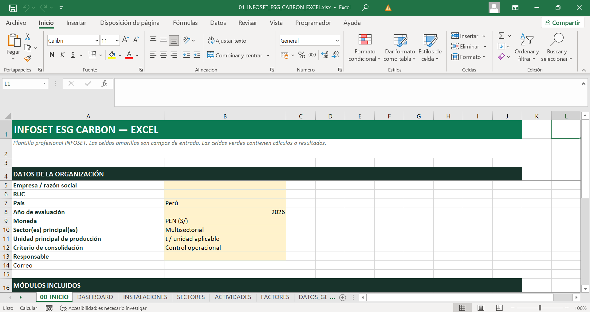 Captura de INFOSET ESG Carbon en Excel