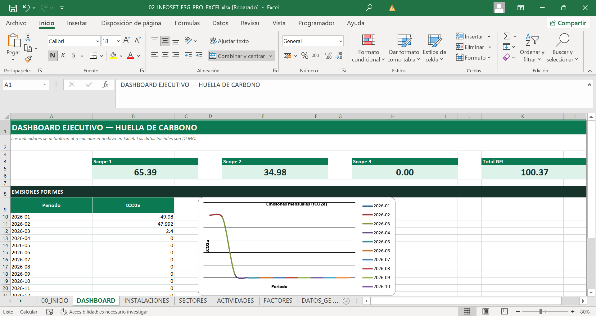 Captura de INFOSET ESG Pro en Excel