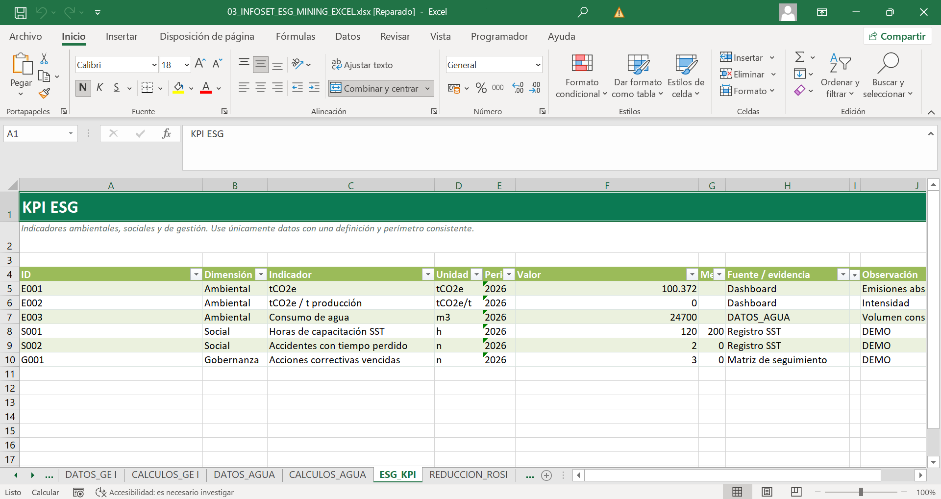 Captura de INFOSET ESG Mining en Excel